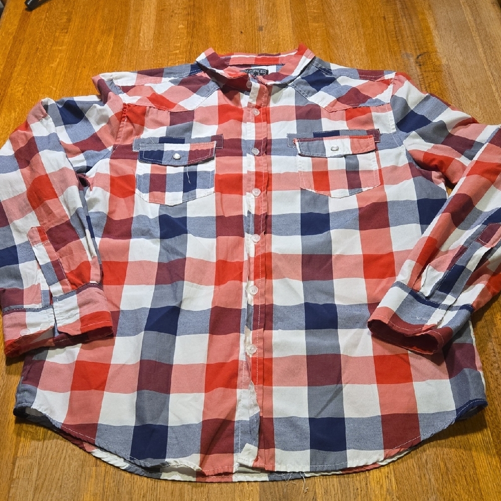 Straight‎ Faded Men Medium Red White Blue Plaid Button Down Long Sleeve Shirt